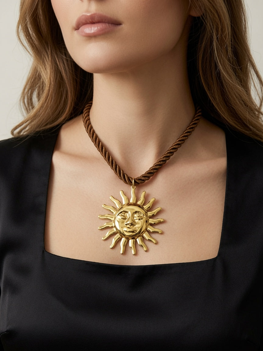 Collier Riviera à cordon marron avec grand pendentif soleil doré en acier inoxydable, porté